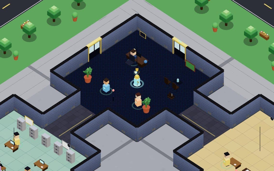 Vista isométrica del campus Tantia con oficinas, jardines y calles